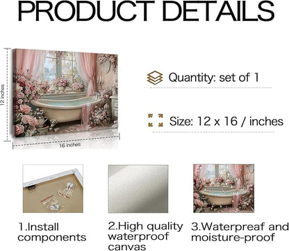 Frimeeme Pink Bathroom Wall Decor, Pink Roses Bathtub Print, Luxury Floral Bathroom Decor, 12x16 Inches