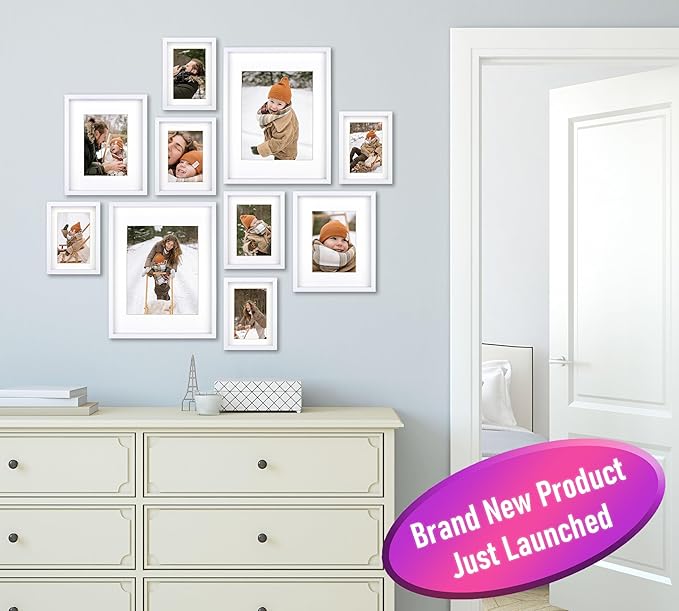 10 Piece Shadow Box Style Gallery Wall Frame Set – Deep Photo Frame Set with Mat for 8x10, 5x7 and 4x6 - Multiple Sizes Picture Frame Set for Wall Collage – Assorted Picture Frames for Wall (White)