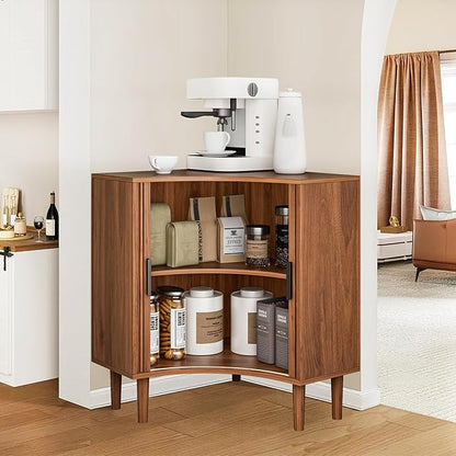 Fluted Corner Cabinet, Small Corner Floor Cabinet with Sliding Doors and Adjustable Shelves, Modern Wooden Freestanding Narrow Storage Organizer for Small Space,Living Room, Dining Room, Bathroom