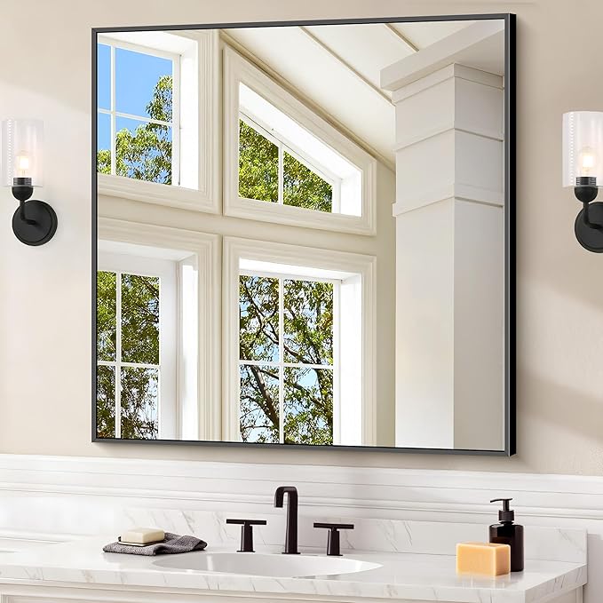 COFENY Black Bathroom Mirror for Wall, 30x30 Inch Rectangle Mirrors with Metal Frame, Modern Vanity Wall Square Mirror for Bathroom Living Room, Entryway Hangs Horizontal or Vertical