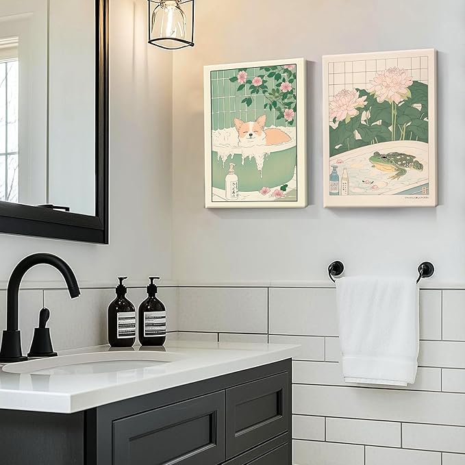Framed Japanese Bathroom Wall Art Set of 2, Funny Japanese Bathroom Frog Dog Wall Decor, Nature Relaxation Canvas Prints Poster, Minimalist Aesthetic Home Spa Decor Picture 12x16 Inch