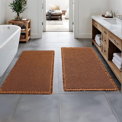 MIULEE Set of 2 Waffle Bathroom Runner Rugs, Terracotta Boho Bath Rug Non Slip, Super Absorbent Runner Bath Mats, Rubber Backed Shower Mat for Hallway Bedroom Laundry Room, Caramel, 2'x4'(24x48 Inch)