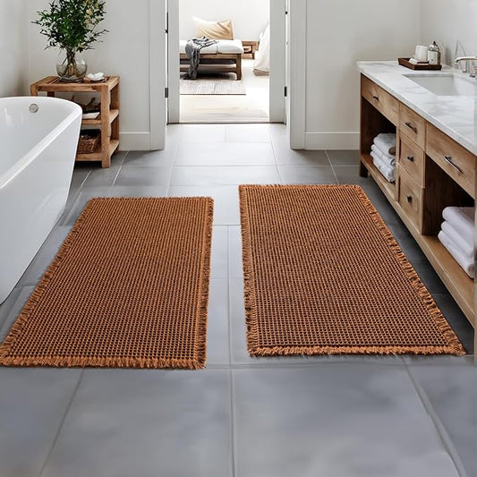 MIULEE Set of 2 Waffle Bathroom Runner Rugs, Terracotta Boho Bath Rug Non Slip, Super Absorbent Runner Bath Mats, Rubber Backed Shower Mat for Hallway Bedroom Laundry Room, Caramel, 2'x4'(24x48 Inch)