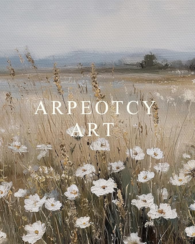 ARPEOTCY Extra Large Vintage Framed Wall Art, 36x54 Inch Wildflower Field Floral Landscape Hanging Canvas Prints Scroll Wall Art Decor for Living Room Bedroom, Retro Scenery Pictures Above of Bed