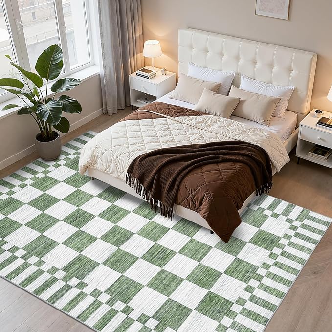 GarveeHome Sage Green Checkered Rug 6×9 Area Rugs for Living Room，Non-Slip Washable Rug Soft Low-Pile, Modern Farmhouse Geometric Rugs for Bedroom Dining Room