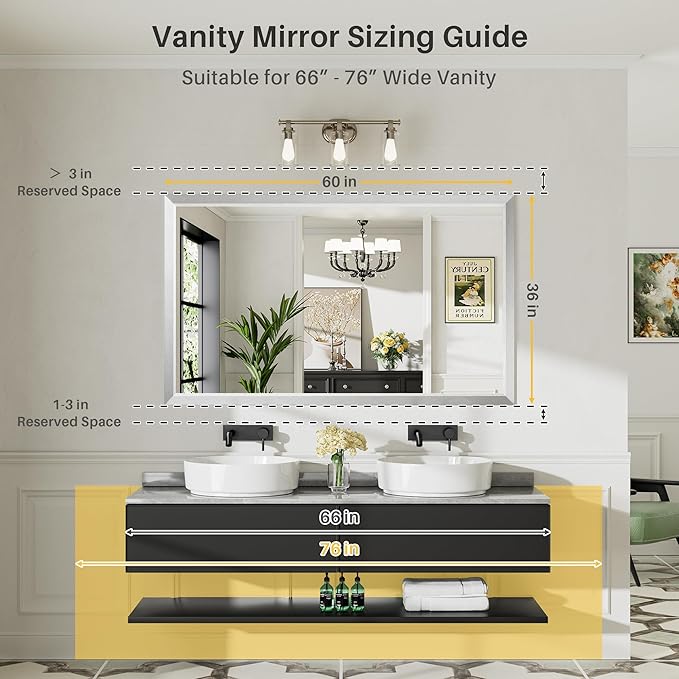 60x36 Inch Brushed Silver Bathroom Mirror for Wall, Thick Metal Framed Rectangle Mirrors for Over Sink, Bedroom, Living Room, Entryway, Anti-Rust, HD Tempered Glass
