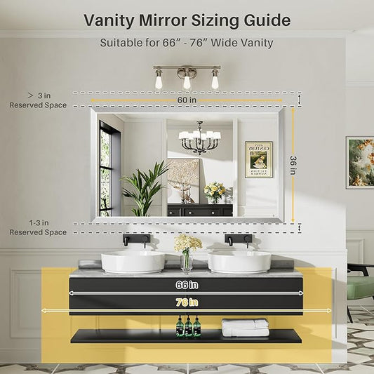 60x36 Inch Brushed Silver Bathroom Mirror for Wall, Thick Metal Framed Rectangle Mirrors for Over Sink, Bedroom, Living Room, Entryway, Anti-Rust, HD Tempered Glass