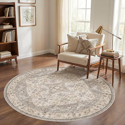 6FT Round Area Rugs for Living Room - Washable Neutral Vintage Distressed Farmhouse Large Soft Floor Rug Indoor Carpet for Bedroom Dining Room Office - Brown/Multi