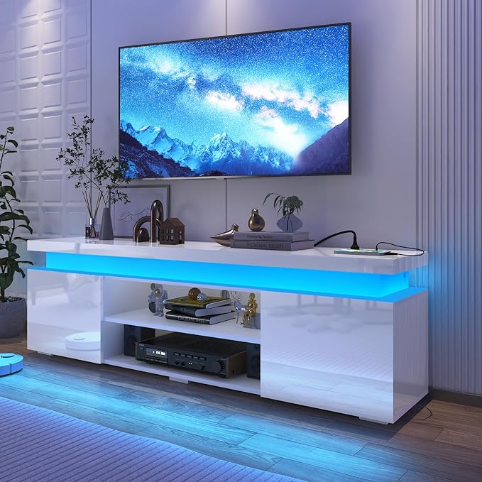 LED TV Stand for 75 Inch TV, Modern TV Stand with Power Outlet, High Gloss TV Console Entertainment Center with Storage and LED Lights for Living Room, Bedroom (66 Inch, White)