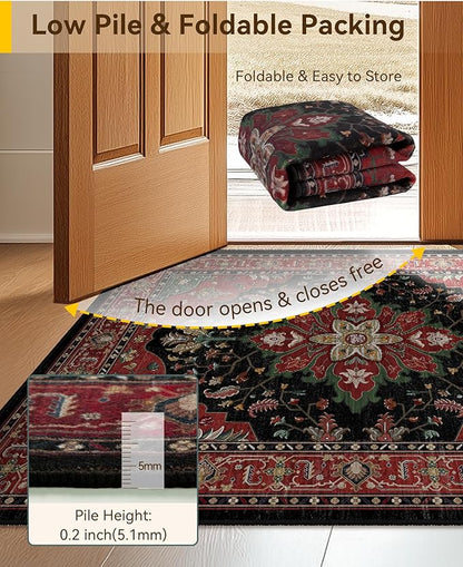 RELEANY Area Rugs 3'x5' Washable Non-Slip, Floral Vintage Distress Print Pattern Medallion Carpet for Living Room Bedroom Dining Room, Red Black