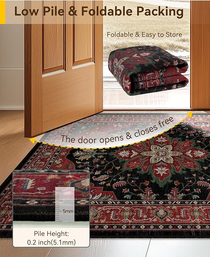 RELEANY Area Rugs 8'x10' Washable Non-Slip, Floral Vintage Distress Print Pattern Medallion Carpet for Living Room Bedroom Dining Room, Red Black