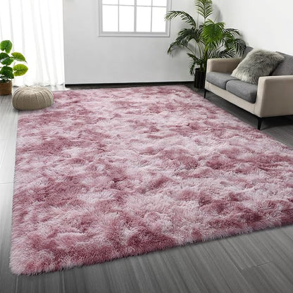 Deerhoo Large Shag Area Rugs 5 x 8, Tie-Dyed Plush Fuzzy Rugs for Living Room, Ultra Soft Fluffy Furry Rug for Bedroom, Indoor Carpet Nursery Rugs for Kids Room Home Decor, Pink Purple