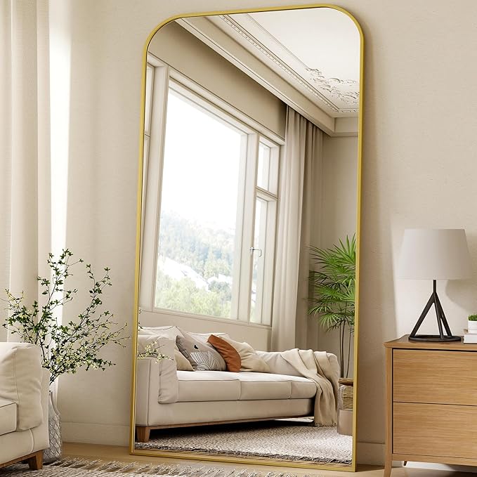 XRAMFY 40x86 Inch Floor Length Mirror with Stand, Full Length Standing Mirror for Bedroom, Full Body Tall Mirrors with Modern Aluminum Alloy Frame in Gold, Home Decor