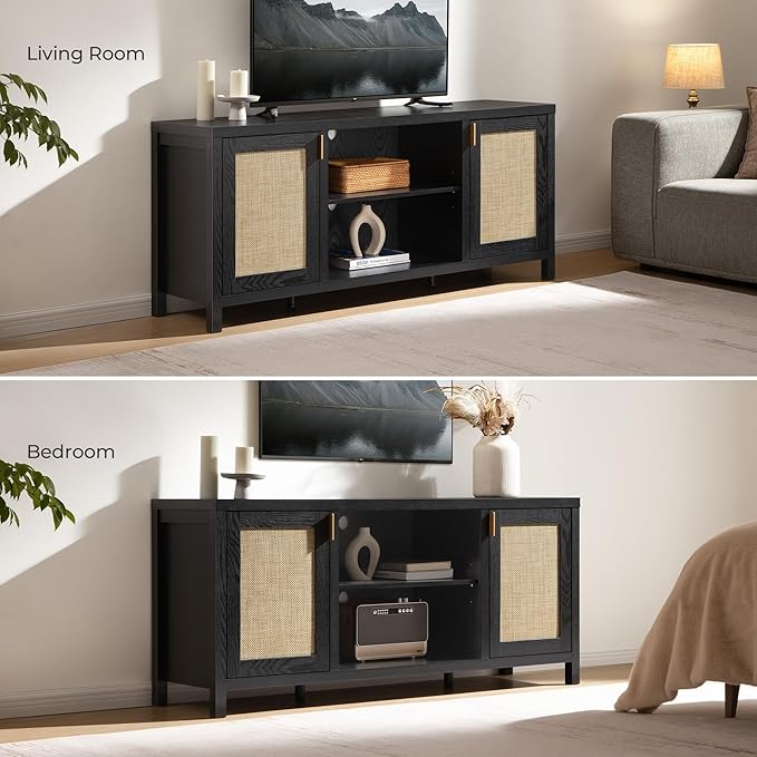 SICOTAS Rattan TV Stand for Living Room - 26" Tall Farmhouse Entertainment Center with Storage and Wicker Door, Media TV Console Cabinet for TVs Up to 65 Inch, Black Oak