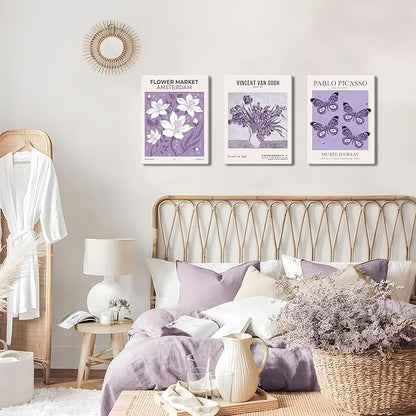Van Gogh Canvas Wall Art Set of 3, Purple Lavender Flower Market Wall Decor Paintings, Picasso Butterfly Aesthetic Posters Prints Room Decor for Teen Girls Dorm Bedroom Bathroom 12x16In Framed