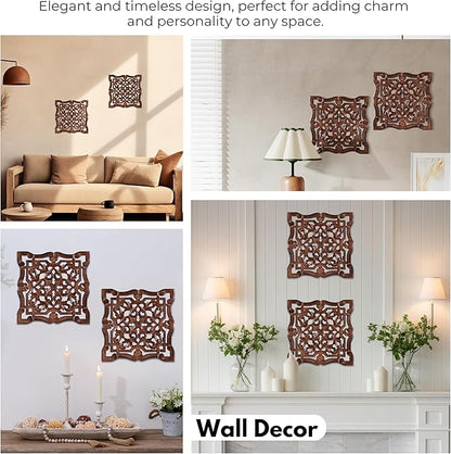 Wall Panels for Living Room & Bedroom – Hand-Carved Decorative Wood Wall Art Set of 6, 12x12" Natural Burnt Finish, Rustic Home Décor,Elegant Decorative Wall Art for Home & Office