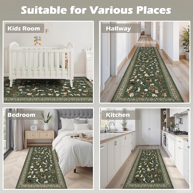 Dog Rug Runner for Entryway, 2x5 Washable Kitchen Mat Ultra-Thin Soft, Non-Slip Indoor Door Carpet Stain Resistant Boho Small Low-Pile Throw for Bathroom Bedroom, Dark Green