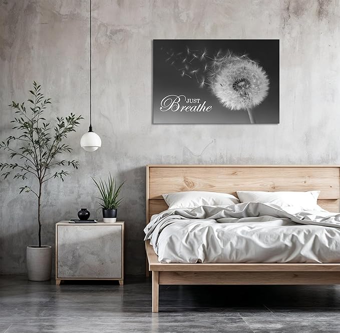 SKASNFAI Just Breathe Wall Art Zen Office Wall Decor Inspirational Yoga Quotes Positive Relax Artwork Picture Black and White Dandelion Posters Print for Meditation Room (28L x 44W)