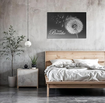 SKASNFAI Just Breathe Wall Art Zen Office Wall Decor Inspirational Yoga Quotes Positive Relax Artwork Picture Black and White Dandelion Posters Print for Meditation Room (28L x 44W)