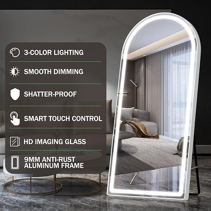 FENNIO Full Length Mirror with Lights, 70" x 32" LED Full Body Mirror, Free Standing Lighted Floor Mirror, Wall Mounted Hanging Mirror for Bedroom, Salon, Dimmable, 3 Color Lighting [Tempered Glass]