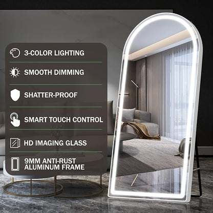 FENNIO Full Length Mirror with Lights, 70" x 32" LED Full Body Mirror, Free Standing Lighted Floor Mirror, Wall Mounted Hanging Mirror for Bedroom, Salon, Dimmable, 3 Color Lighting [Tempered Glass]