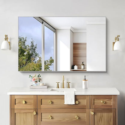 KOCUUY Silver Bathroom Mirror, 48"x30" Rectangle Bathroom Mirror for Wall, HD Tempered Glass, Anti-Rust Brushed Silver Frame, Modern Design for Bathroom, Bedroom, Living Room, Entryway.