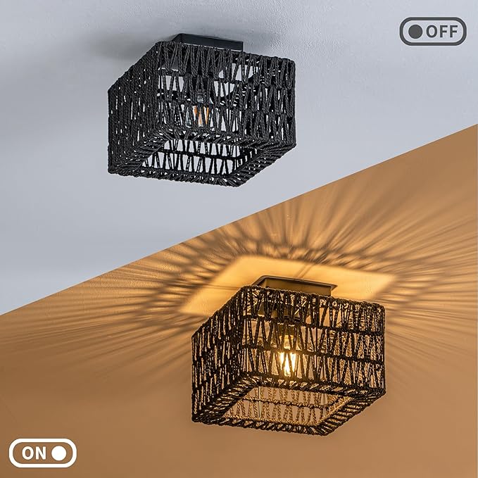 Rpzloila Rattan Ceiling Light, Black Boho Light Fixture, Square Flush Mount Ceiling Light for Bedroom, Hallway, Entryway, Kitchen, Laundry