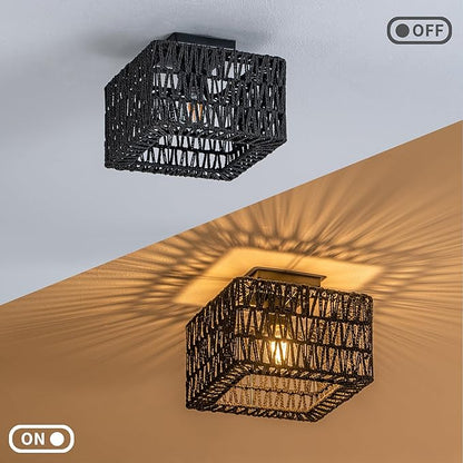 Rpzloila Rattan Ceiling Light, Black Boho Light Fixture, Square Flush Mount Ceiling Light for Bedroom, Hallway, Entryway, Kitchen, Laundry