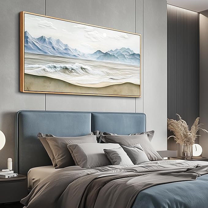Wapluam Large Framed Canavs Wall Art,Ocean Wall Decor Living Room,Beach Pictures Wall Art,Nature Rustic Coastal Landscape Mountain Painting, Above Bed Wall Art, Sea Waves Artwork for Bedroom Bathroom