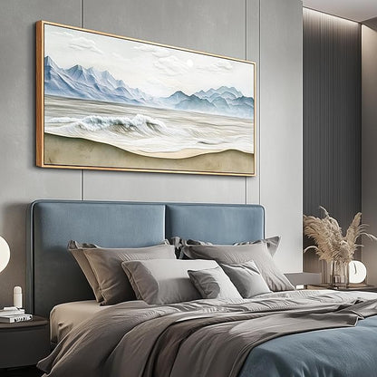 Wapluam Large Framed Canavs Wall Art,Ocean Wall Decor Living Room,Beach Pictures Wall Art,Nature Rustic Coastal Landscape Mountain Painting, Above Bed Wall Art, Sea Waves Artwork for Bedroom Bathroom