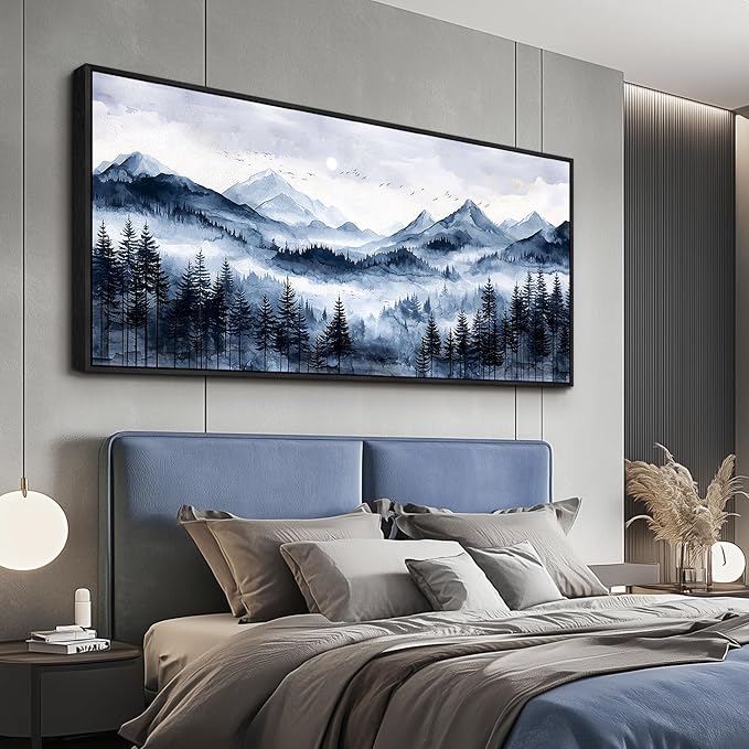 ERQINHUA Canvas Wall Art For Bedroom Large Wall Decor For Living Room Office Mural Misty and Fog Forest Painting Mountain Landscape Picture Artworks Home Decor Black Framed Ready To Hang 32x72 In