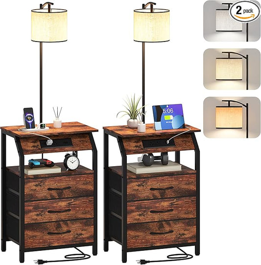 End Table with Floor Lamp Set of 2, Nightstand with Charging Station, Floor Lamp Table with 3-Color Temperature Bulb, Bedside Table Night Stand with 3 Drawers for Bedroom, Living Room, Retro