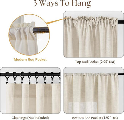 Natural Linen Kitchen Window Curtains Over Sink 36 Inch Length for Farmhouse Cafe Bathroom Small Window Drapes Cream Semi Sheer Light Filtering Privacy Small Curtains W34xL36