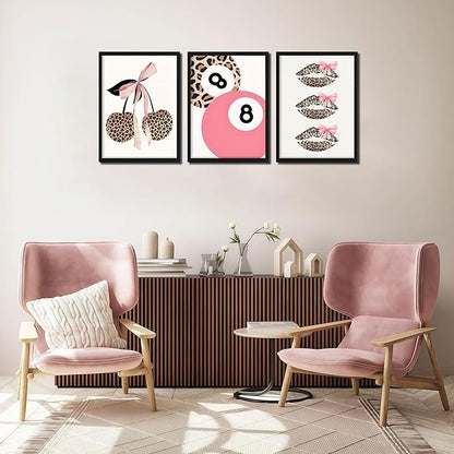 raiqtols Trendy Pink Leopard Bow Wall Art Prints Set of 3 – Funky Cherry and Lucky 8 Ball Posters, Coquette Preppy Aesthetic Pictures for Girls Bedroom Apartment Dorm Room Wall Decor – 16x24in