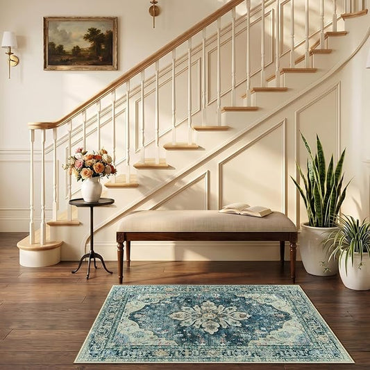 RELEANY Area Rugs 2'6"x4' Kitchen Rugs Entry Rug Small Rugs for Entryway Kitchen Bathroom Door Mat Indoor Entrance,Washable Non Slip, Dark Blue Vintage