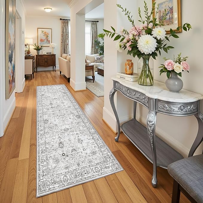 Floral Hallway Runner Grey Carpet Non-Slip, 2'6" x 14' Washable Rug Ultra-Thin Soft for Hallways, Kitchen Mat Stain Resistant for Entryway Bathroom