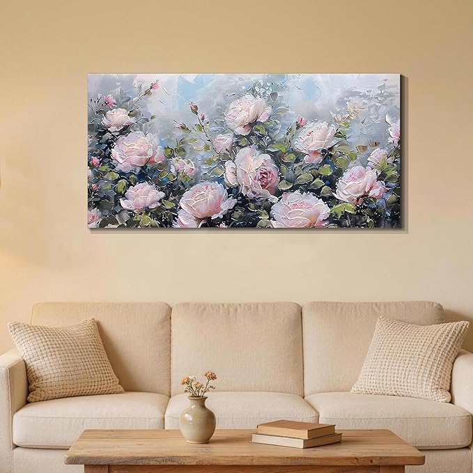 Enartly Pink Flower Wall Art Large Living Room Bedroom Wall Decor Rose Canvas Painting Floral Picture Bloosom Textured Green Modern Artwork Framed for Bathroom Kitchen Home Office Decoration, 48"x24"