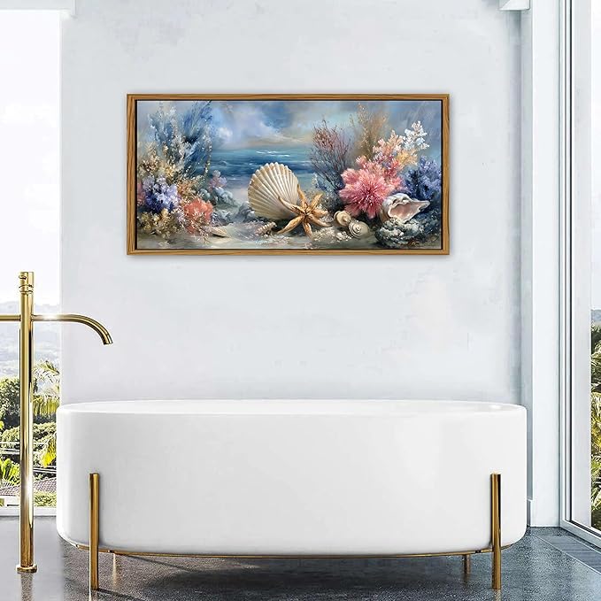 Framed Beach Seashell Bathroom Wall Art Coastal Starfish Pictures Wall Decor Modern Seascape Home Decor Blue Ocean Landscape Painting Prints Nautical Artwork for Bedroom Living Room Decoration 24x48