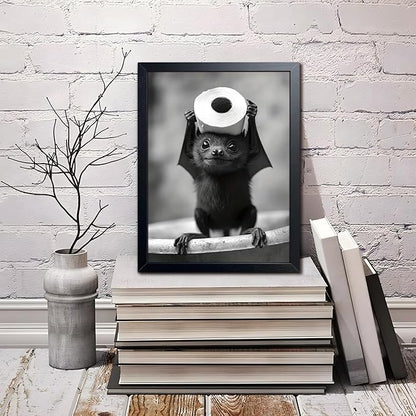 ARKZSHO Black and White Bathroom Wall Art, Funny Bats Canvas Print Poster, Cute Animal Wall Drcor Painting, Modern Farmhouse Restroom Home Decoration (Framed 10''x8'')