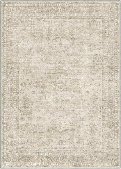 GENIMO 8x10 Area Rugs for Living Room, Machine Washable Non Slip Vintage Rugs, Low Pile Lightweight Chenille Print Rug for Bedroom, Dining Room, Home Office, Ivory