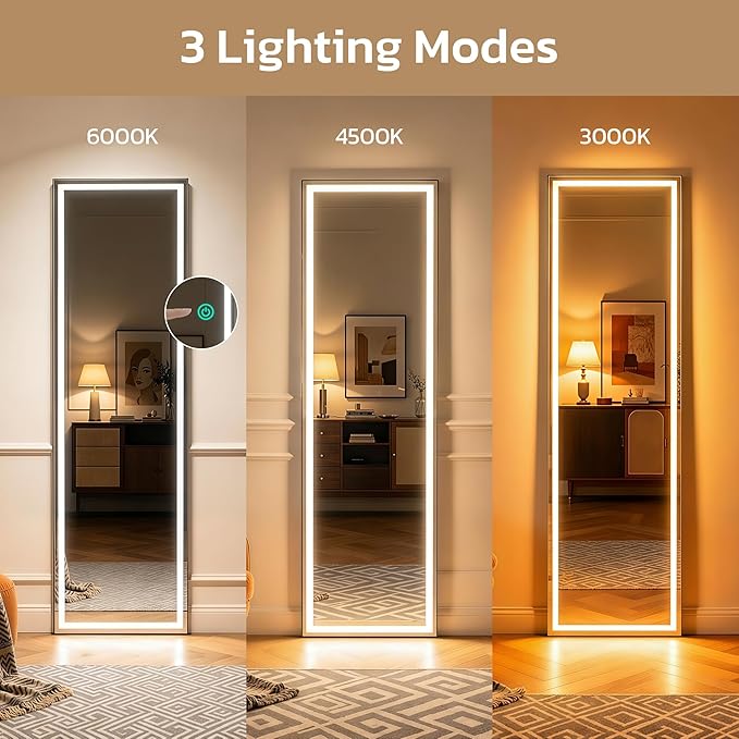 Full Length Mirror with LED Lights, 60"x16"Floor Mirror with Dimming & 3 Color Lighting, Free Standing Floor Mirrors, Lighted Full Body Mirrors for Bedroom, Dressing Room, Cloakroom
