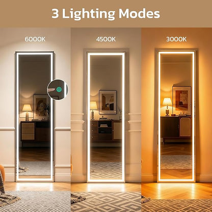 Full Length Mirror with LED Lights, 60"x16"Floor Mirror with Dimming & 3 Color Lighting, Free Standing Floor Mirrors, Lighted Full Body Mirrors for Bedroom, Dressing Room, Cloakroom