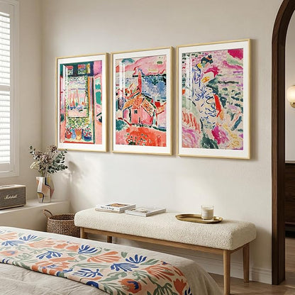 Large Framed Matisse Wall Art for Living Room, Set of 3 Colorful Abstract Landscape Wall Painting Prints, Vintage Retro Aesthetic Wall Decor for Dining Room Bedroom Office Hallway 24x36 Inch