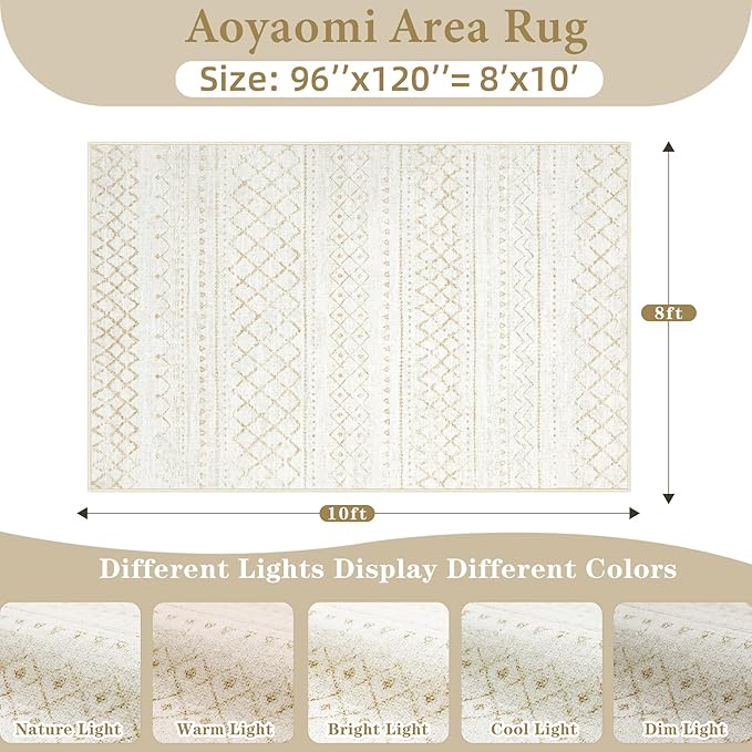 Area Rug Living Room Rugs 8x10 - Large Soft Boho Geometric Rug, Non-Slip Foldable Washable Rugs Non Shedding Morden Indoor Floor Carpet for Living Bedroom Office Dining Room (Beige,8' x 10')