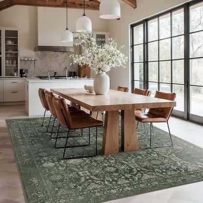 Rugxara 6x9 Area Rugs for Living Room Bedroom, Large Washable Rug, Green Vintage Floral Boho Style, Non Slip & Low Pile Carpet for Indoor Dining Room, Dorm and Kids Room(Green 6x9ft)