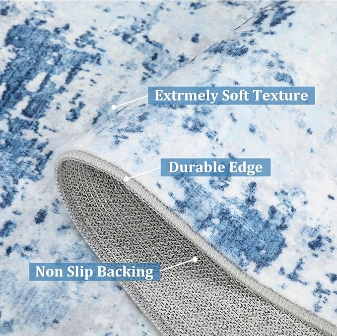 ROYHOME Area Rug 4x6 for Living Room Stain Resistant Carpet Modern Abstract Rugs Ultra Soft Machnine Washable Indoor Floor Cover Accent Rug Low Pile Thin Rug for Bedroom Dining Room, Blue