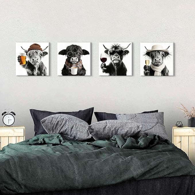 Funny Highland Cow Wall Art Cowboy Wall Decor Farmhouse Kitchen Decor Vintage Black and White Animals Pictures Canvas Prints Humor Cows Theme Paintings Posters Artwork Home Decorations 12x12” 4P