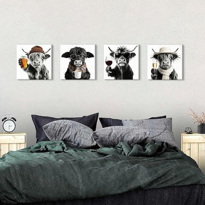 Funny Highland Cow Wall Art Cowboy Wall Decor Farmhouse Kitchen Decor Vintage Black and White Animals Pictures Canvas Prints Humor Cows Theme Paintings Posters Artwork Home Decorations 12x12” 4P