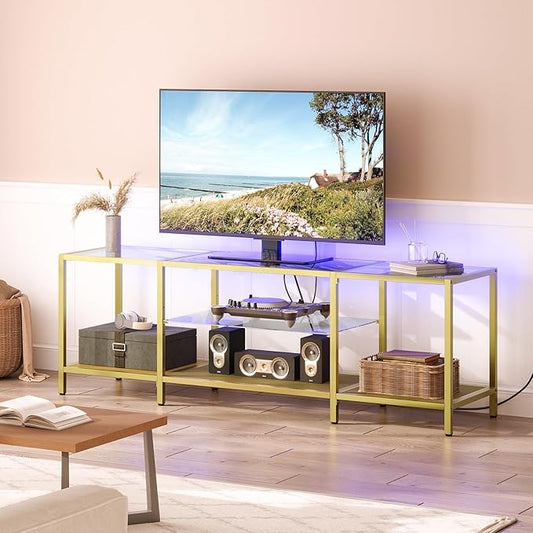 HOOBRO TV Stand with LED Lights and Power Outlets for TVs up to 75", Modern 63 Inch Tempered Glass TV Console Table with Open Shelves, Media Entertainment Center for Living Room, Gold GD165UDS01