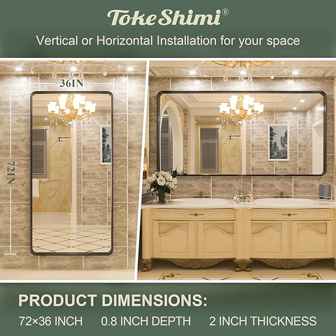 TokeShimi 72x36 Inch Black Bathroom Mirror for Wall Vanity Mirror with Non-Rusting Aluminum Alloy Brushed Matte Metal Frame Soft Rounded Corner for Modern Farmhouse Decor (Horizontal/Vertical)